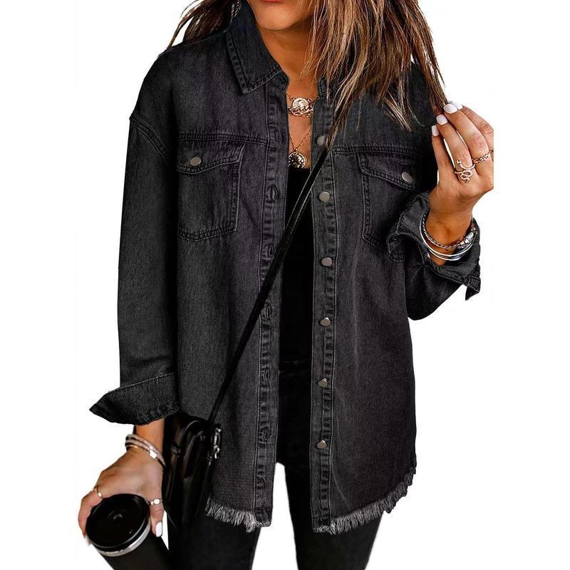Women's Button Up Frayed Hem Shacket Long Sleeve Pockets Denim Jean Jacket