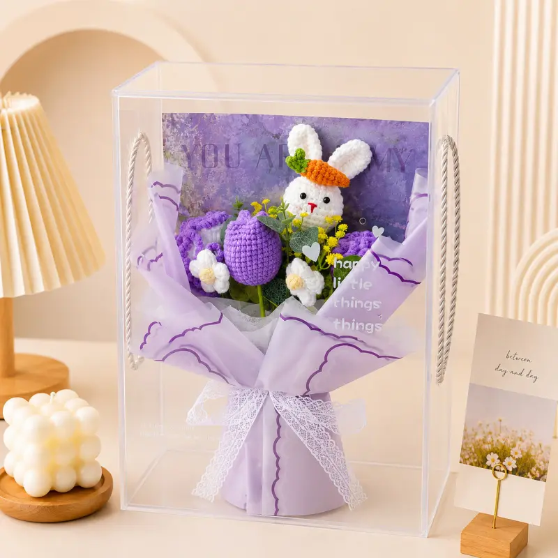 Handmade Crochet Flower Bouquet, Knitted Rose Tulip Artificial Flowers, Finished Knit Floral Arrangement for Teachers Day Gift
