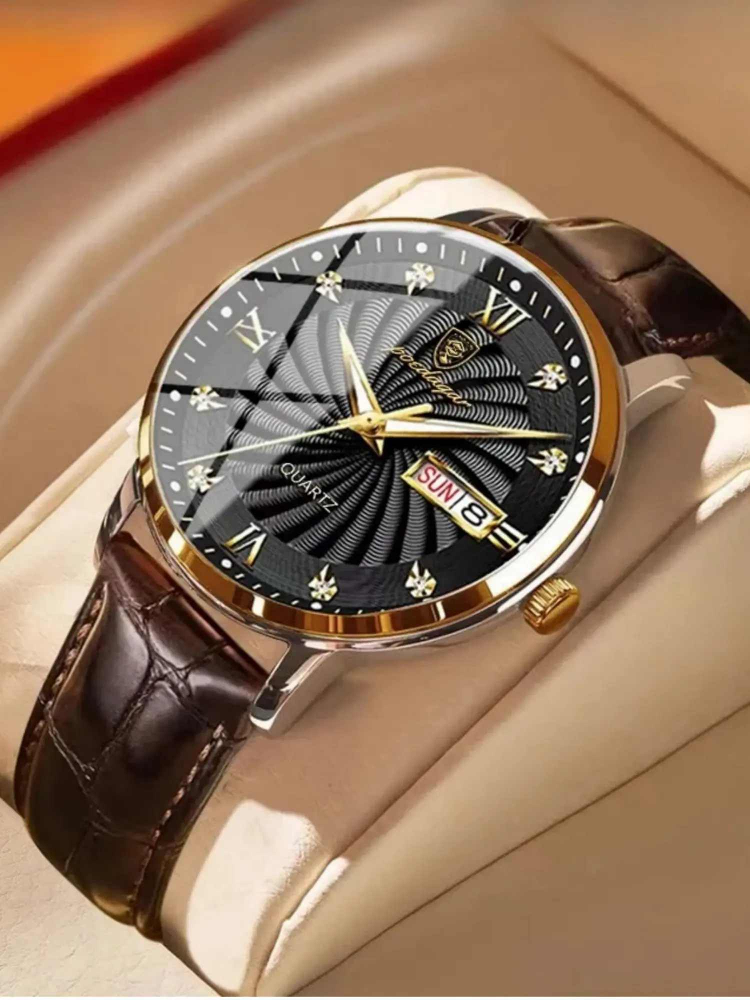 Men's Leather Strap Watch, Dial with Roman Numerals, Luminous Hands, Date Function, Stainless Steel Case, Quartz Movement, Business Fashion Watch, Luminous Waterproof Watch, Luminous Date Wristwatch, Luminous Analog Watch