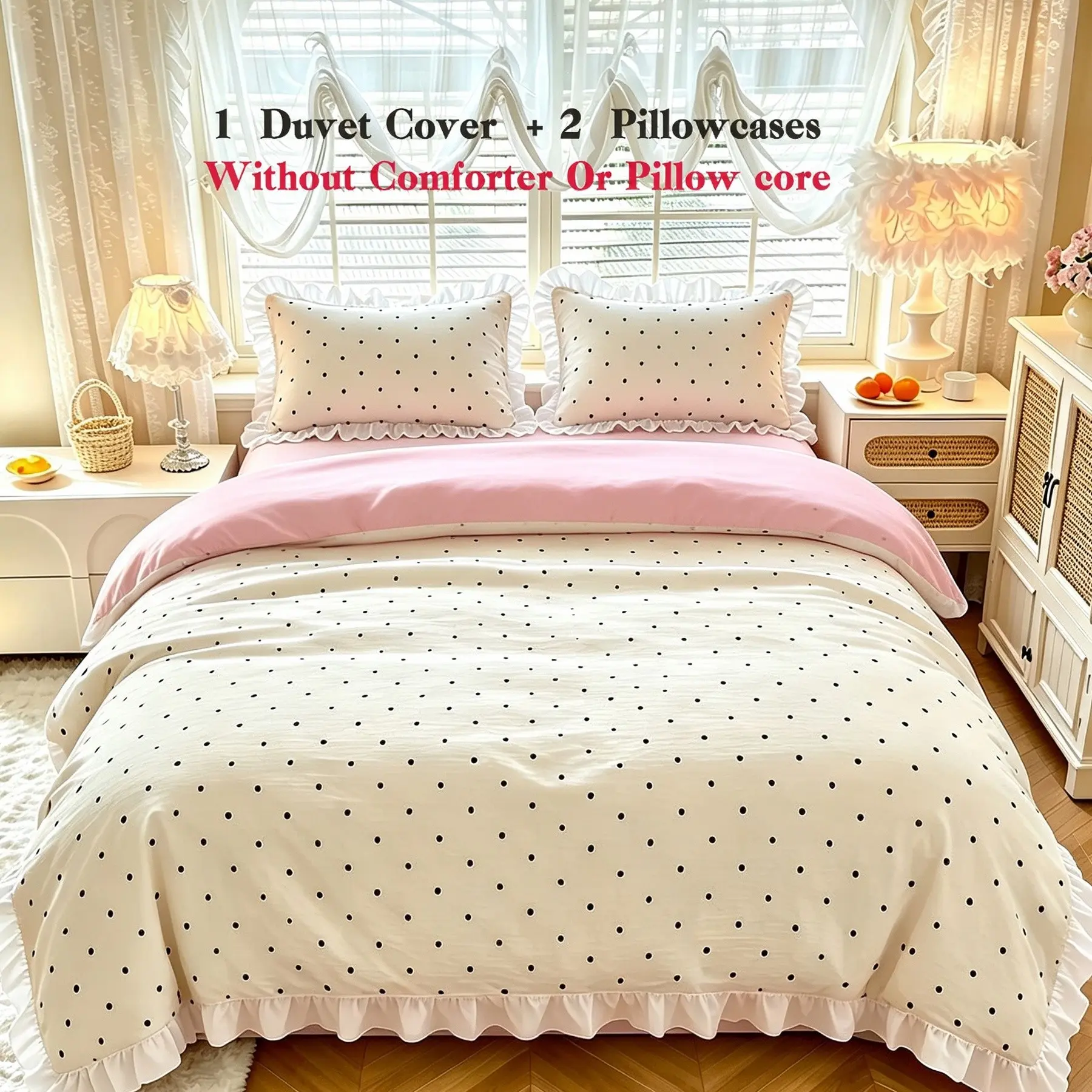 Coquette Ruffle Polka Dot Duvet Cover Set 3Pcs Soft Girl Aesthetic Bedding Set with Pillow Shams