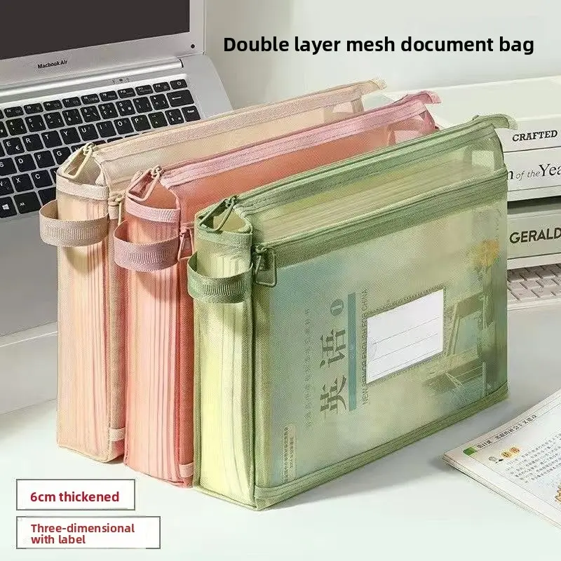 3PCS Double Layer File Bag Student Subject Organizer Large Capacity Transparent Handheld Document Storage Pouch for Exam Papers Stationery School Supplies Paper Organizers