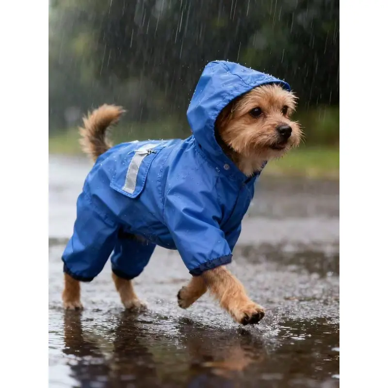Blue Pet Raincoat  a lightweight polyester dog suit with reflective stripes for safety. Full four-leg coverage keeps your dog dry in the rain. Perfect for small and medium-sized poodles, suitable for year-round wear.