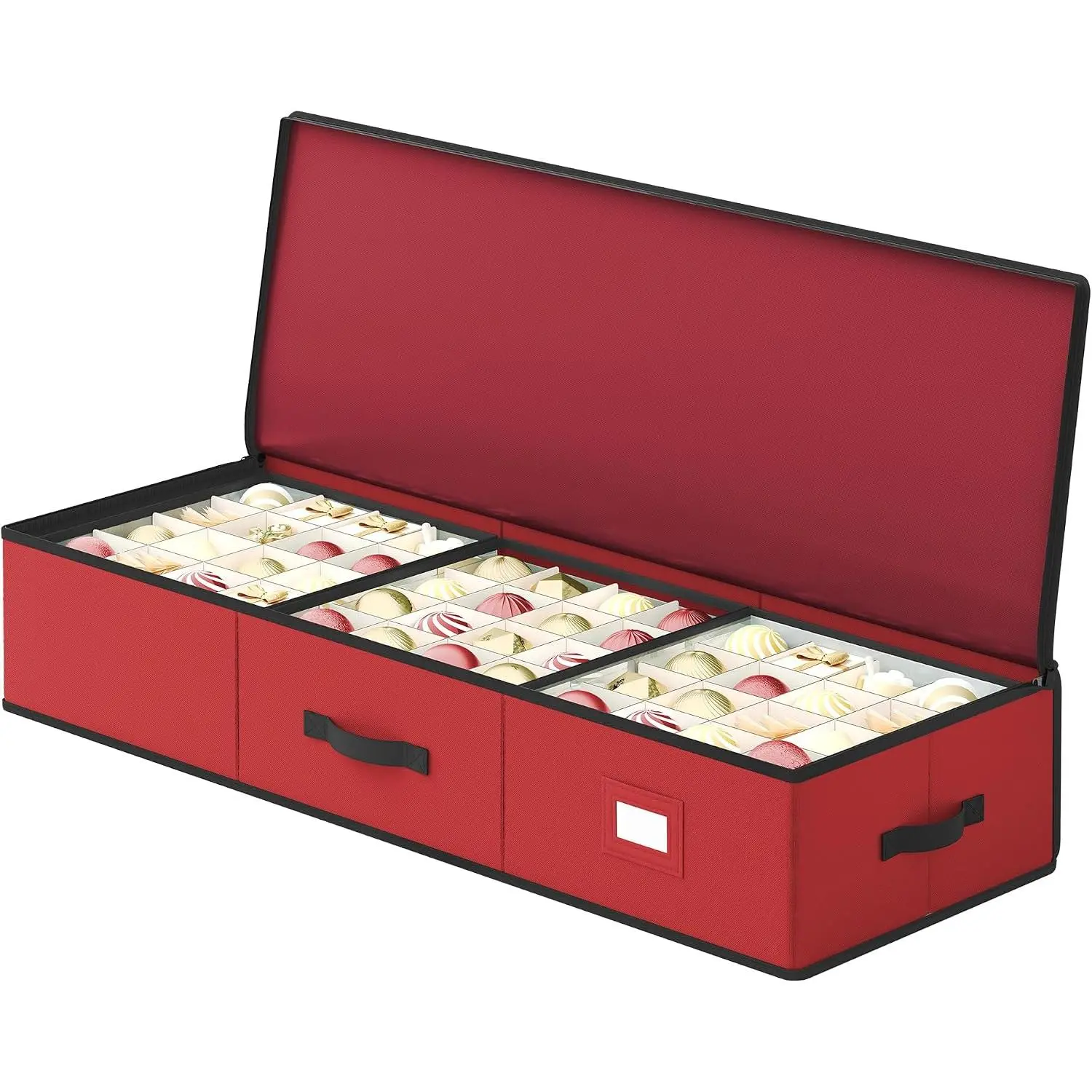 Christmas Ornament Storage Box, 96 Slots of 3 Inches, 38 x 13.2 x 6.9 Inches, Bauble Storage Box with Dividers, Oxford Fabric, Zippers, Side Handles, Under the Bed, Cherry Red URFB042R01