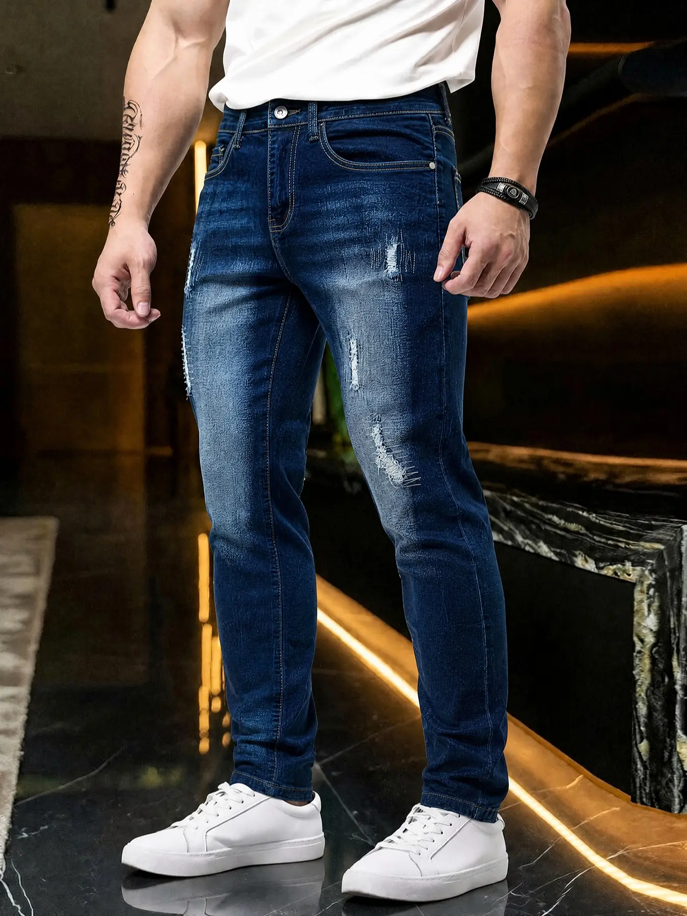 Men's Dark Blue Washed Ripped Patchwork Slim Fit Jeans, Elastic Waist Skinny Long Pants, Trendy Casual Streetwear, Distressed Fade