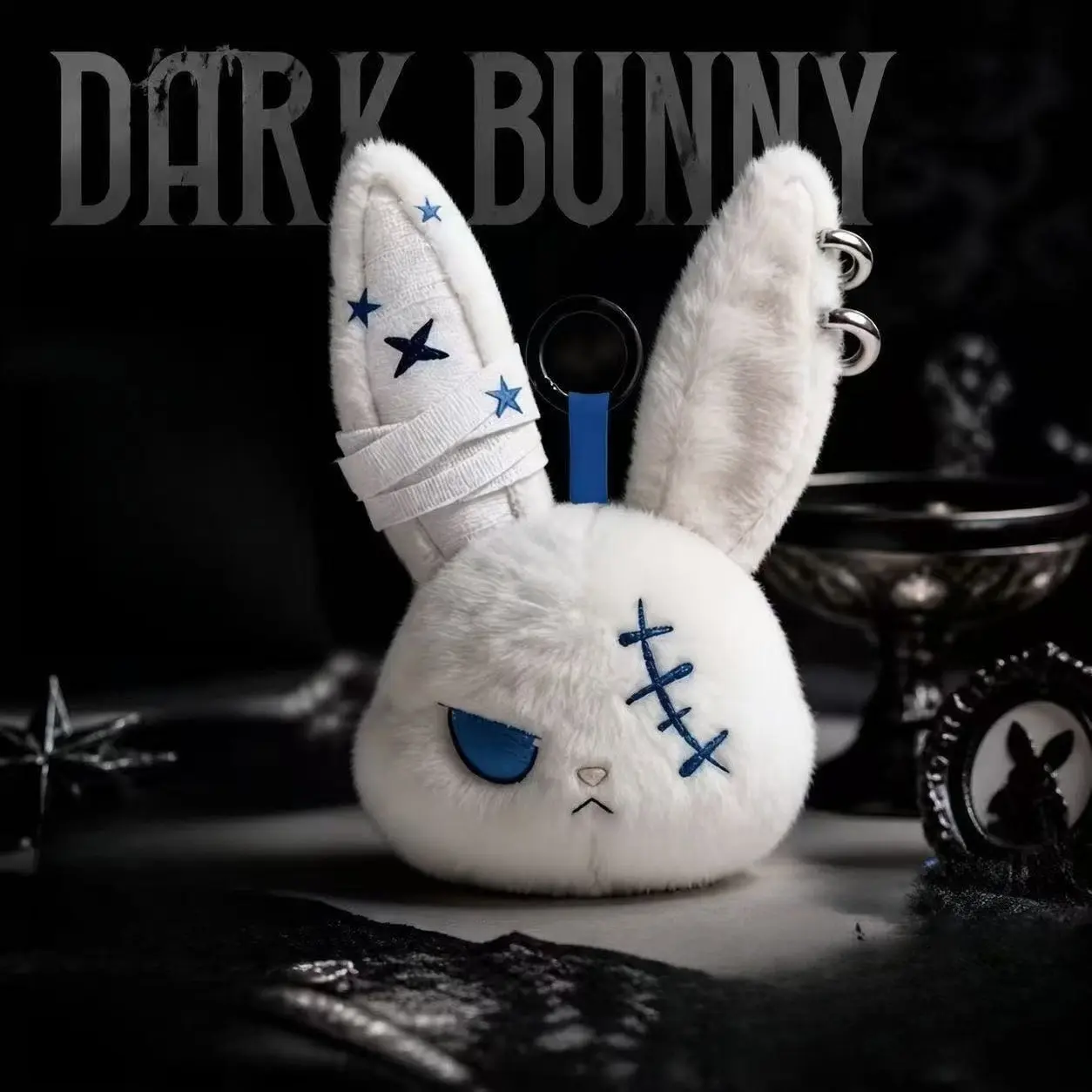 Gothic Bandage Stitch Rabbit Plush Keychain - Dark and Edgy Rabbit Head Bag Accessory, Aesthetic Keychain, Stylish Plush Animal Women's Key Ring