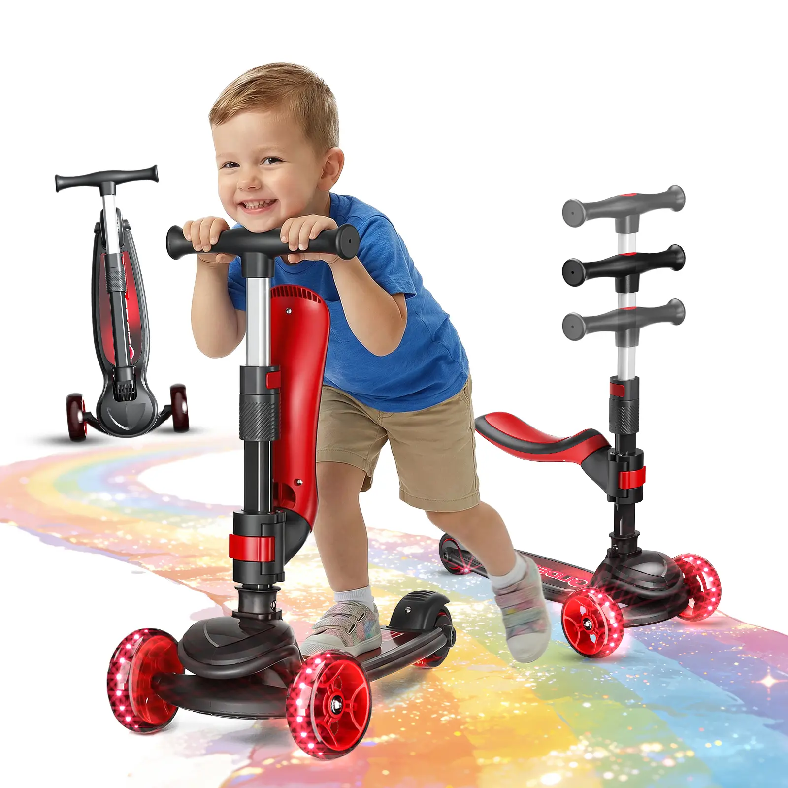 2-in-1 Kids Kick Scooter with Removable Seat, 3-Wheel Foldable Design, Adjustable Handlebar, LED Light-Up PU Wheels, Wide Anti-Slip Deck, Lean-to-Steer Outdoor Toy for Ages 3-8 Boys & Girls (Sports & Outdoor Scooters Equipment)
