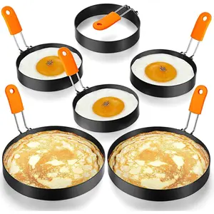 6 Pcs Professional Egg Ring Pancake Ring Set Stainless Steel Fried Egg Molds Griddle Pancake Shapers with Orange Silicone Handle for Breakfast Omelette Sandwich(4, 6 Inch)