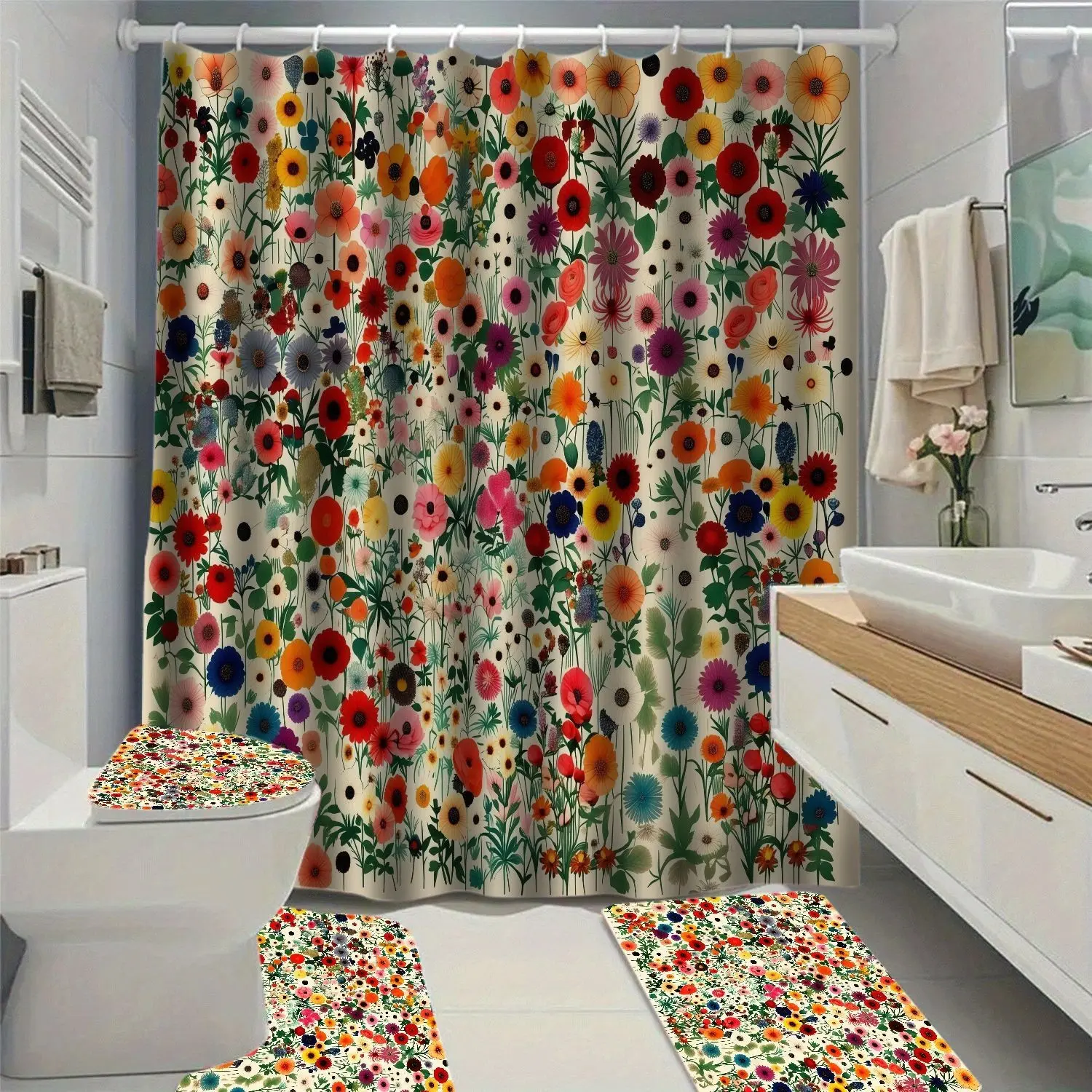 1/4pcs Base Multicolor Wildflower Print Shower Curtain Set, Hand-Drawn Style, 100% Polyester, Waterproof, Bathroom Decor