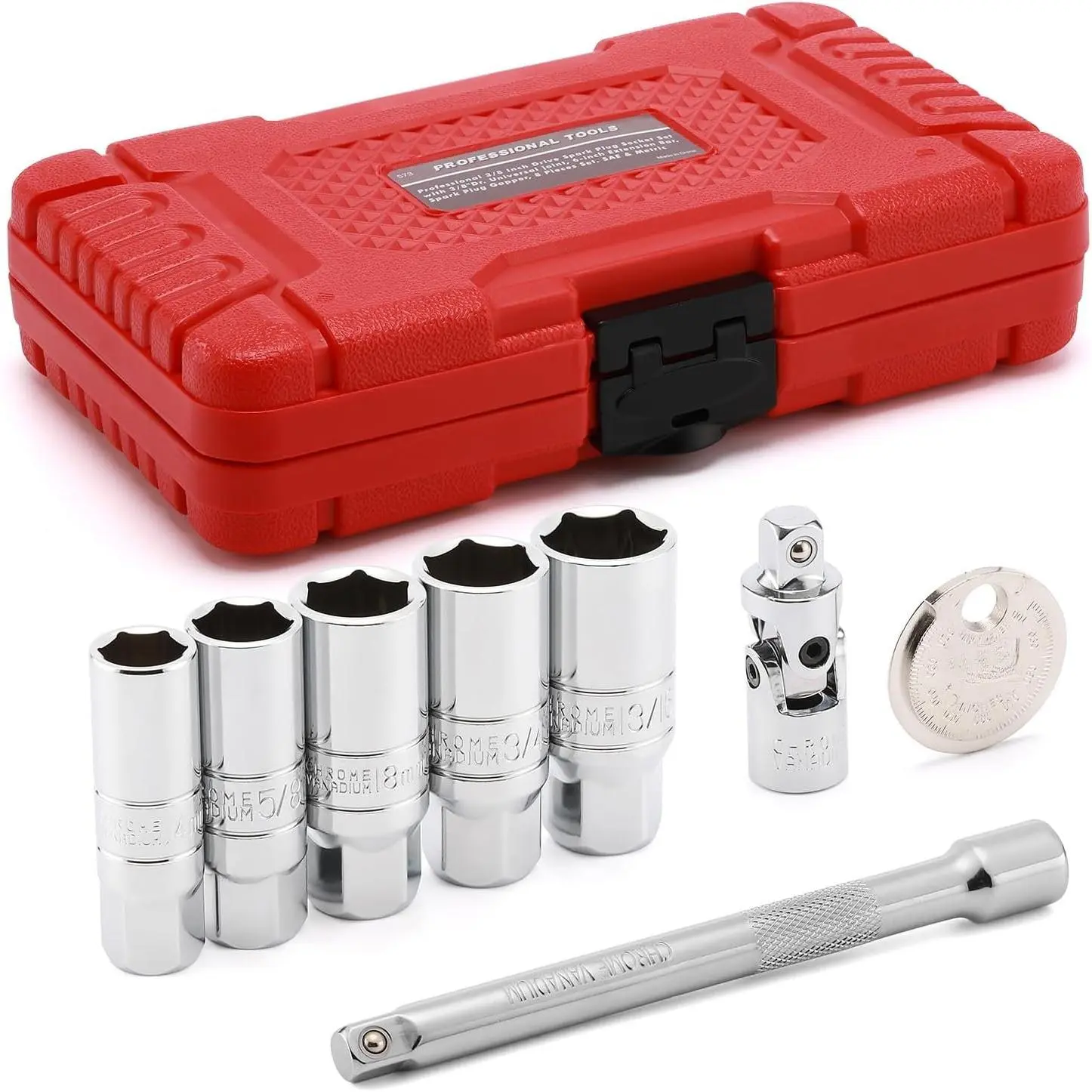 8 count 3/8" Drive Spark Plug Socket Set, SAE & Metric, 6-Point Socket Set,  Joint, 6-Inch Extension Bar, Spark Plug Gap Gauge