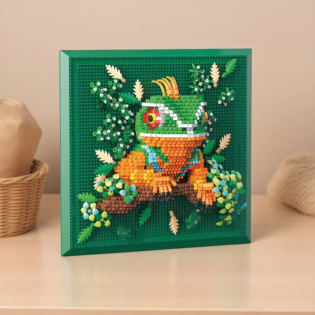 Chameleon 3D Frame Puzzle, Natural Forest Style, Micro-Particle Animal Shape, Frame, Desktop Display, Kids' Assembly Toy, Holiday Gift