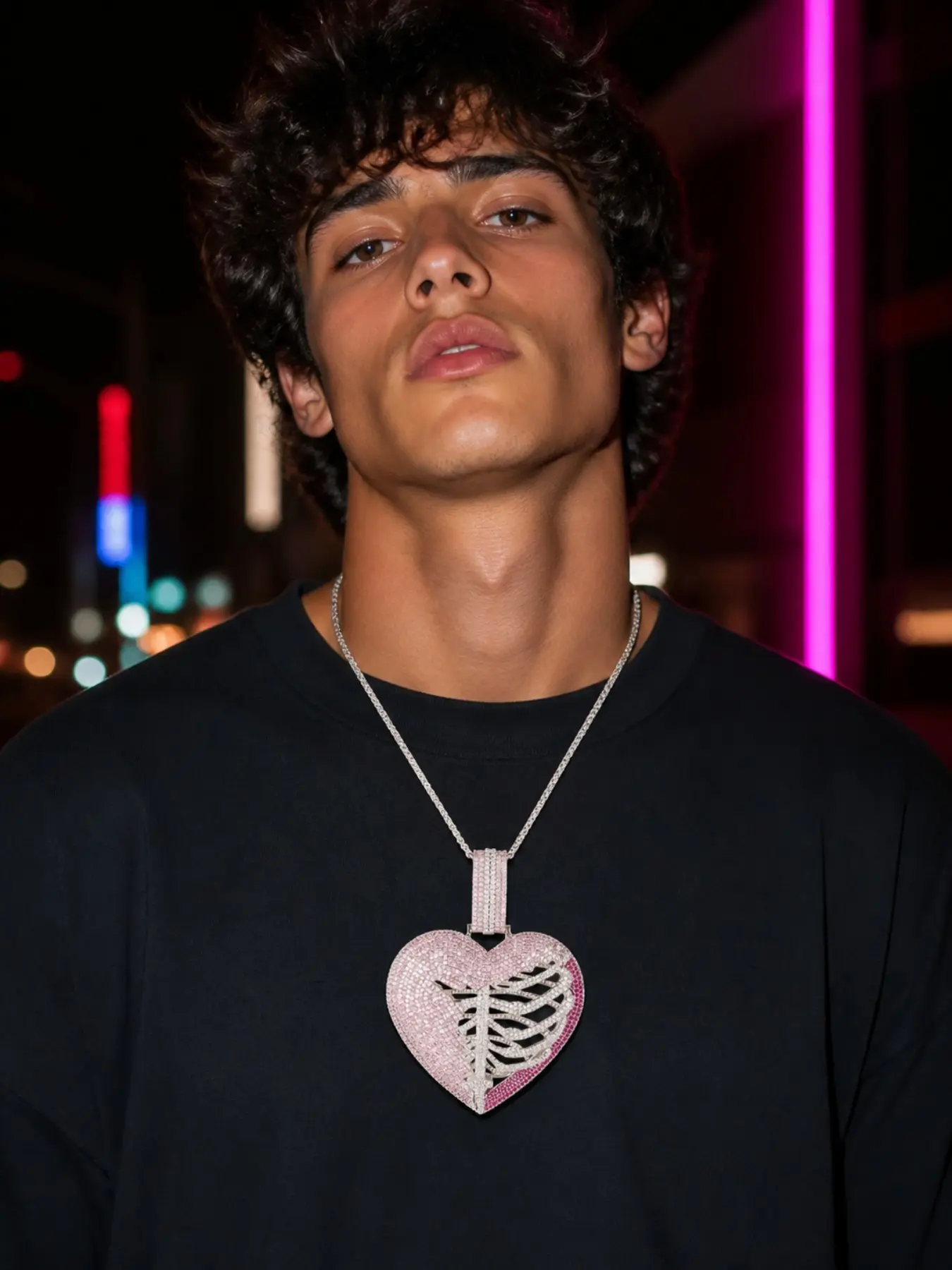 Iced Out Pink Skeleton Heart Pendant Necklace, Full Pavé Cubic Zirconia Rib Cage Heart Hip Hop Rapper Bling Chain for Men & Women