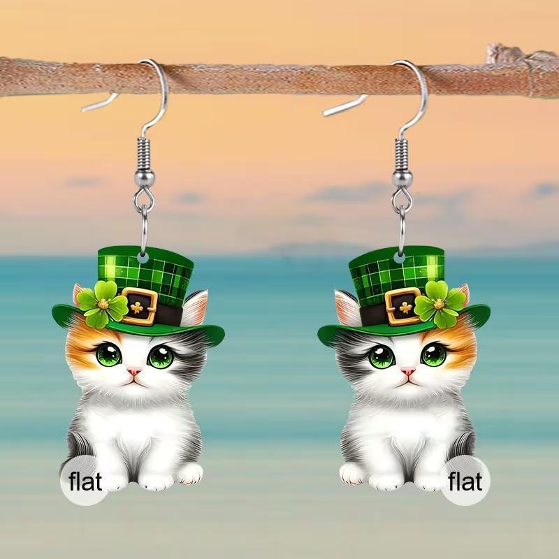 Irish St. Patrick's Day Cat Earrings 2D Flat Acrylic Creative Green Magic Hat Three Color Kitten Earrings Women's Festival Gift Irish St. Patrick's Day Cat Earrings 2D Flat Acrylic Creative Green Magic Hat Three Color Kitten Earrings Women's Festival Gift