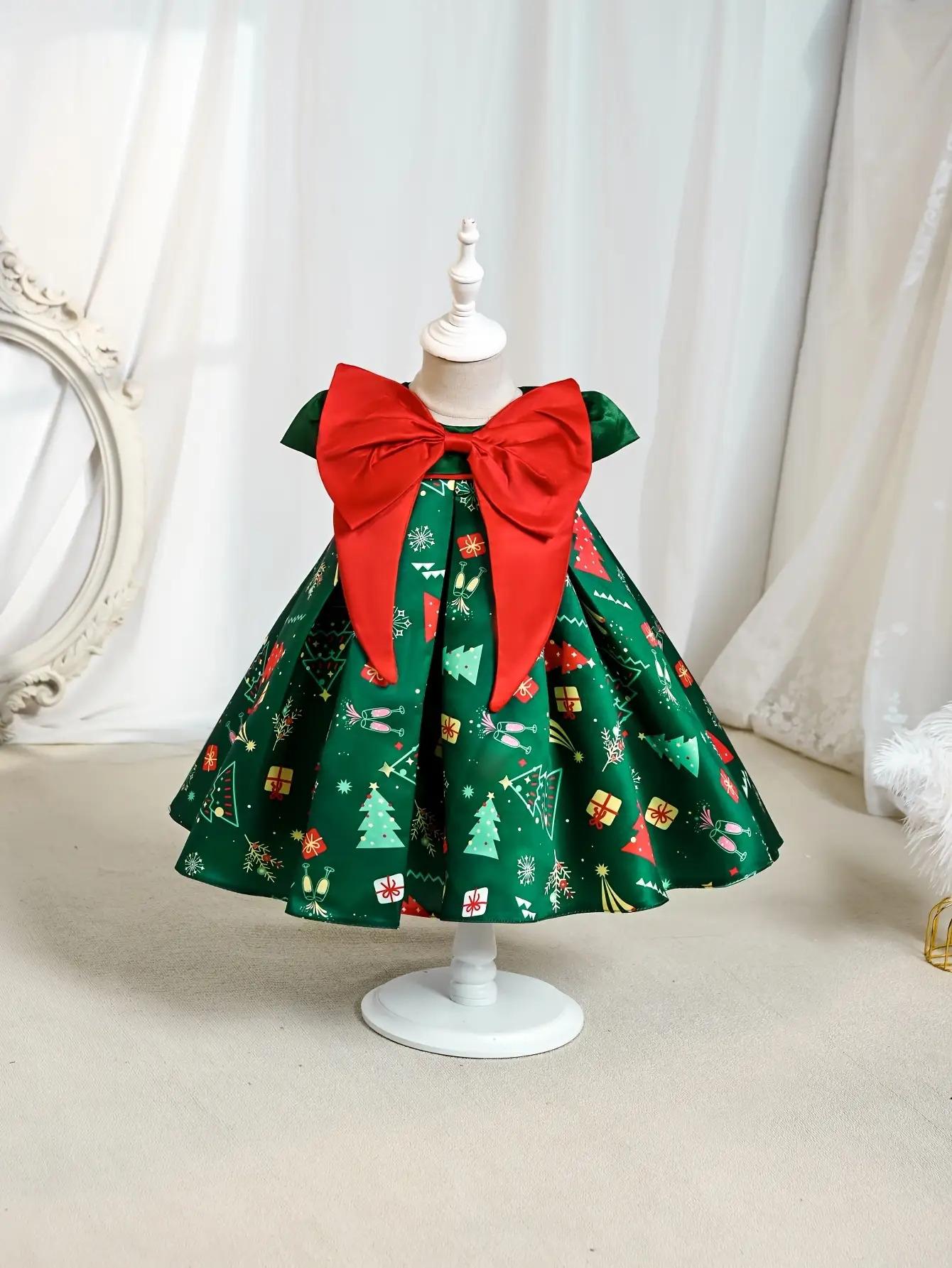 Girls' Christmas Party Dress with Red Bow & 3D Holly Berry Print - Green A-Line Short Sleeve Dress, Flared & Round Neck for Xmas Performances, Pageants, Photo Shoots - All-Season Outfit ( to)