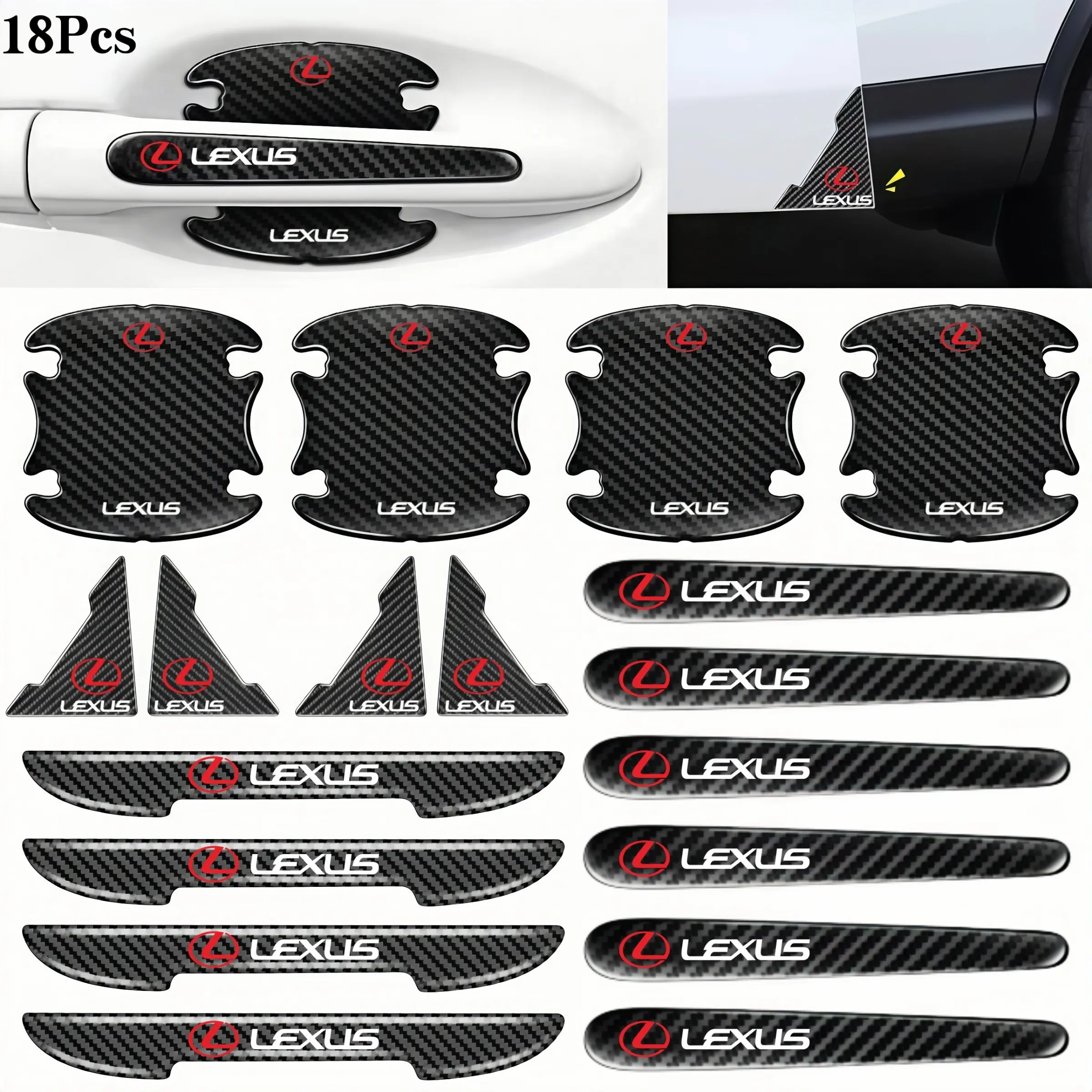 18pcs Carbon Fiber Car Door Handle Protectors, Waterproof 3D Cup Films, Anti-Collision Scratch Guards, Lexus Models, Car Interior Accessories
