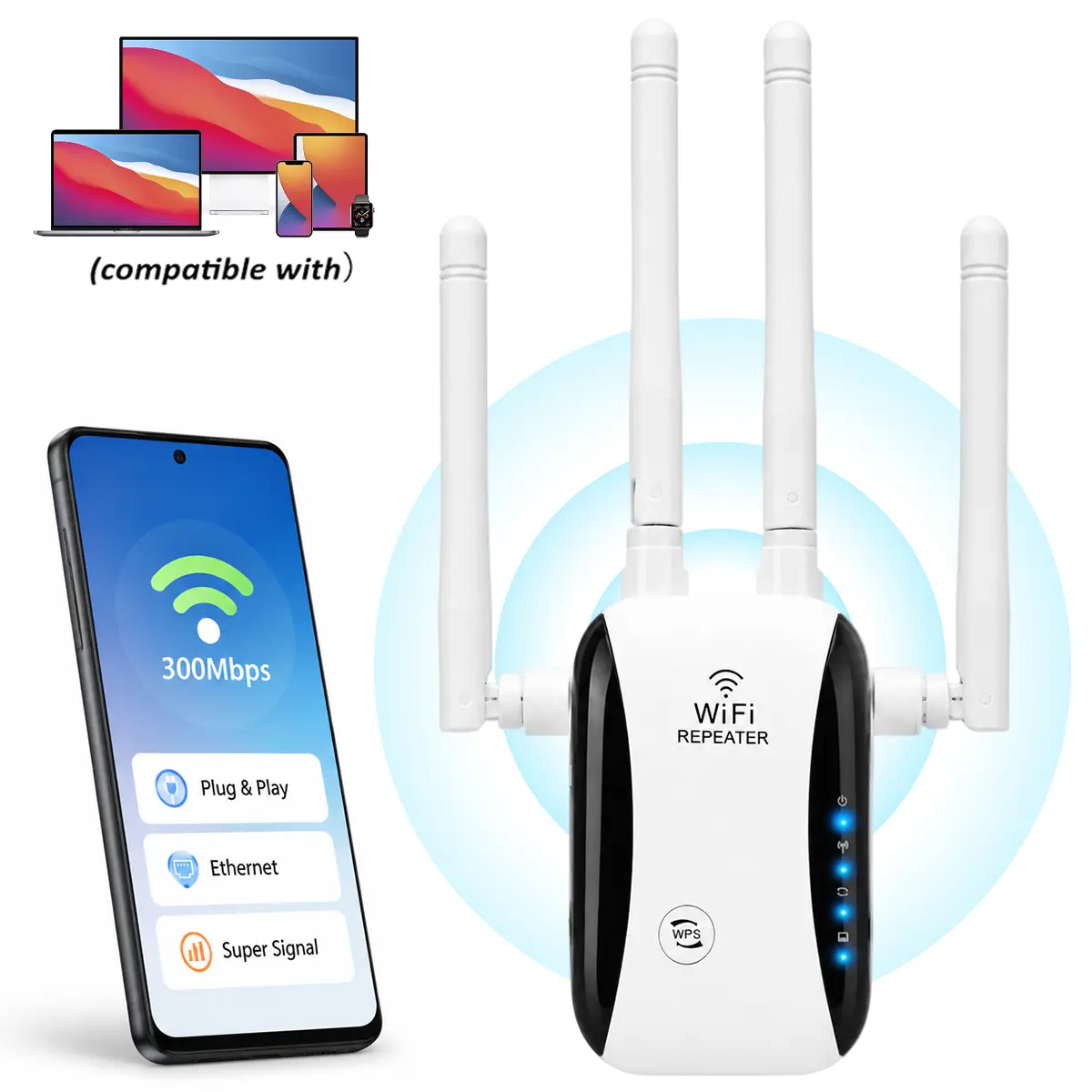 Wireless WiFi Extender with 4 Antennas, 300Mbps Range Booster Repeater, Plug & Play WPS Setup with Ethernet Port, Perfect for Apartments, Dorm Rooms, Rental Homes and Small Offices