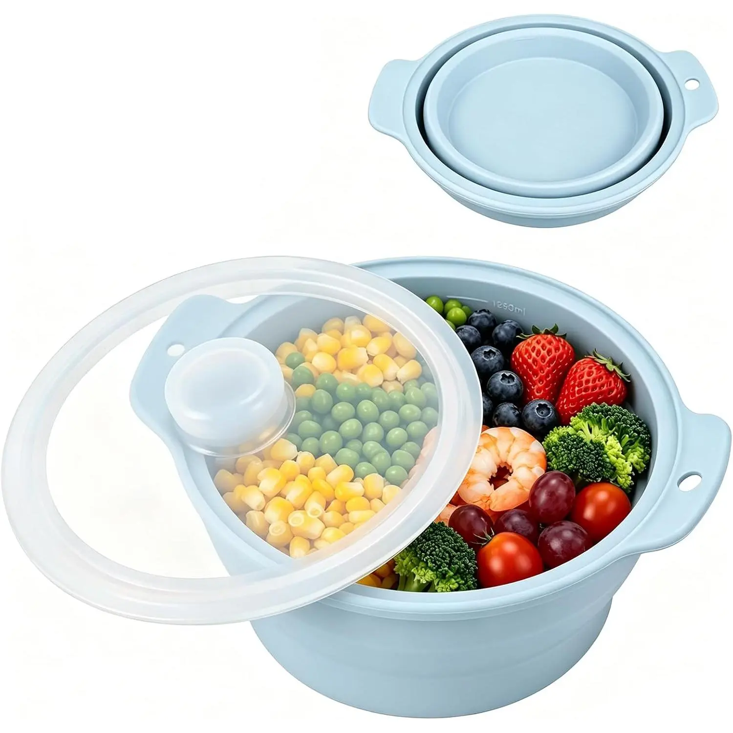 42oz Fodable  Microwave Steamer (Blue) | -Grade  Foldable  Contanier for Cooking,  & Heat Resistant Steam Pot, Dishwasher Safe