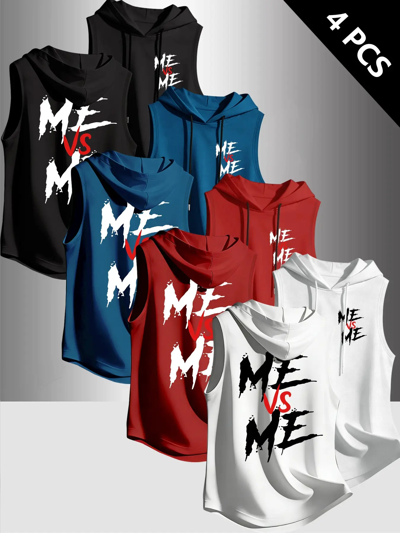 4-Pack Men's Drawstring Sleeveless Hooded Tank Tops, Me Vs Me Graffiti Letter Print, Lightweight Gym Training Hooded Cutoff Vests, Casual Athletic Workout Wear, Casual Fitness Wear#MeVsMe #SleevelessHoodie#GymTankTop