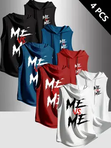 4-Pack Men's Drawstring Sleeveless Hooded Tank Tops, "Me Vs Me" Graffiti Letter Print, Lightweight Gym Training Hooded Cutoff Vests, Casual Athletic Daily Workout Wear#MeVsMe #SleevelessHoodie#GymTankTop#FypShop#FypFashion#SportsApparel
