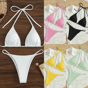 Women's Minimalist Solid Color String Bikini - Back Self-Tie Halter Triangle Bust, Thin Side Strap High Leg Cheeky Swimsuits Bikinis, Skin-Friendly Stretchy Rib Knit Swim Fabric, Ideal for Hawaiian Island Trip
