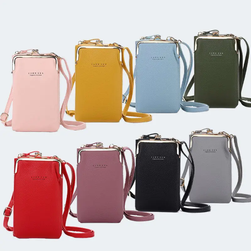 Kiss Lock and Zipper Closure Cell Phone Crossbody Bag PU Leather Dual Compartment with Adjustable Strap Multi Card Slots Mini Vertical Sling Bag Clutch Purse for Women Daily Travel Shopping