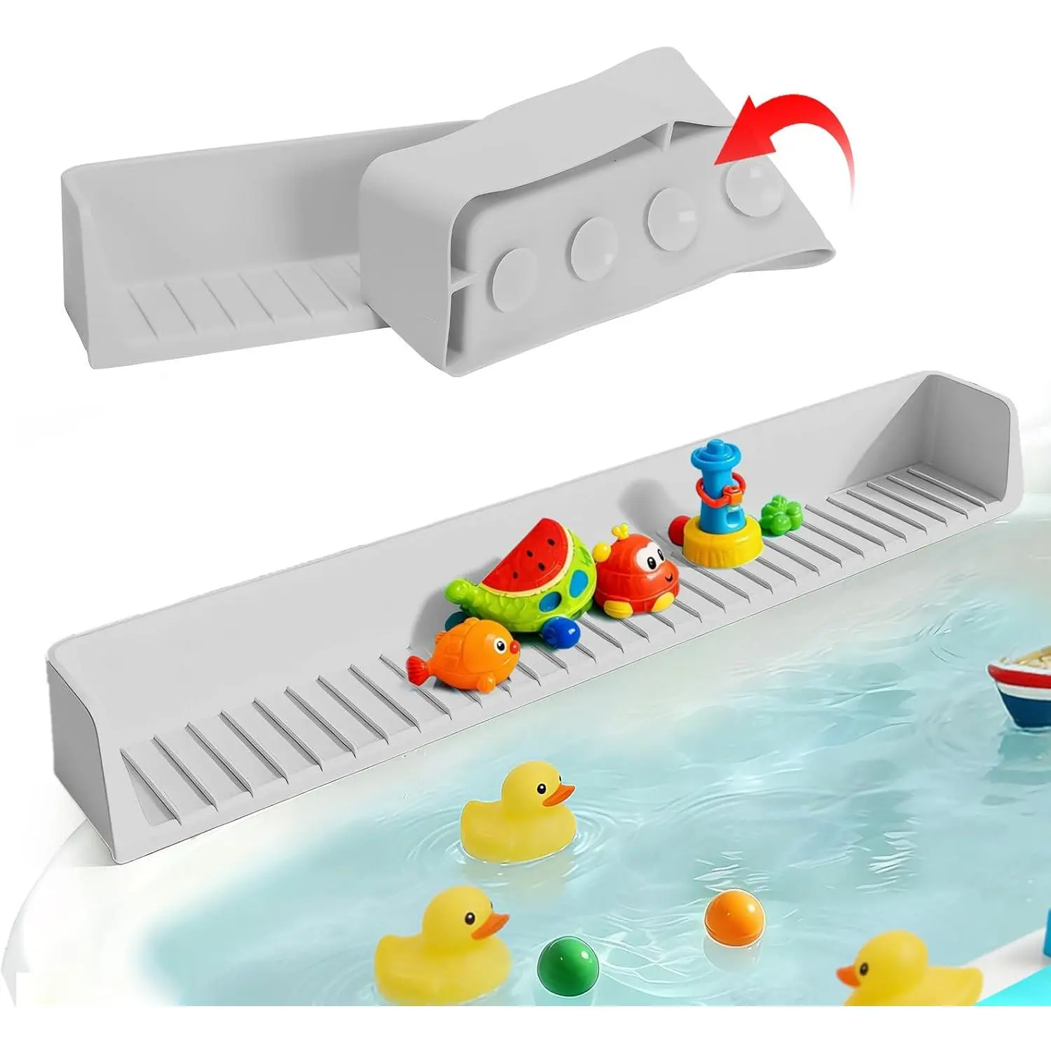 Bathtub Splash Guard for Tub Kids- 31" Extra Long Silicone Bath Play Shelf, Toy Tray & Caddy Holder, Prevent Water Spills & Messy Floors, Tub Edge Guard for Bathroom- Grey