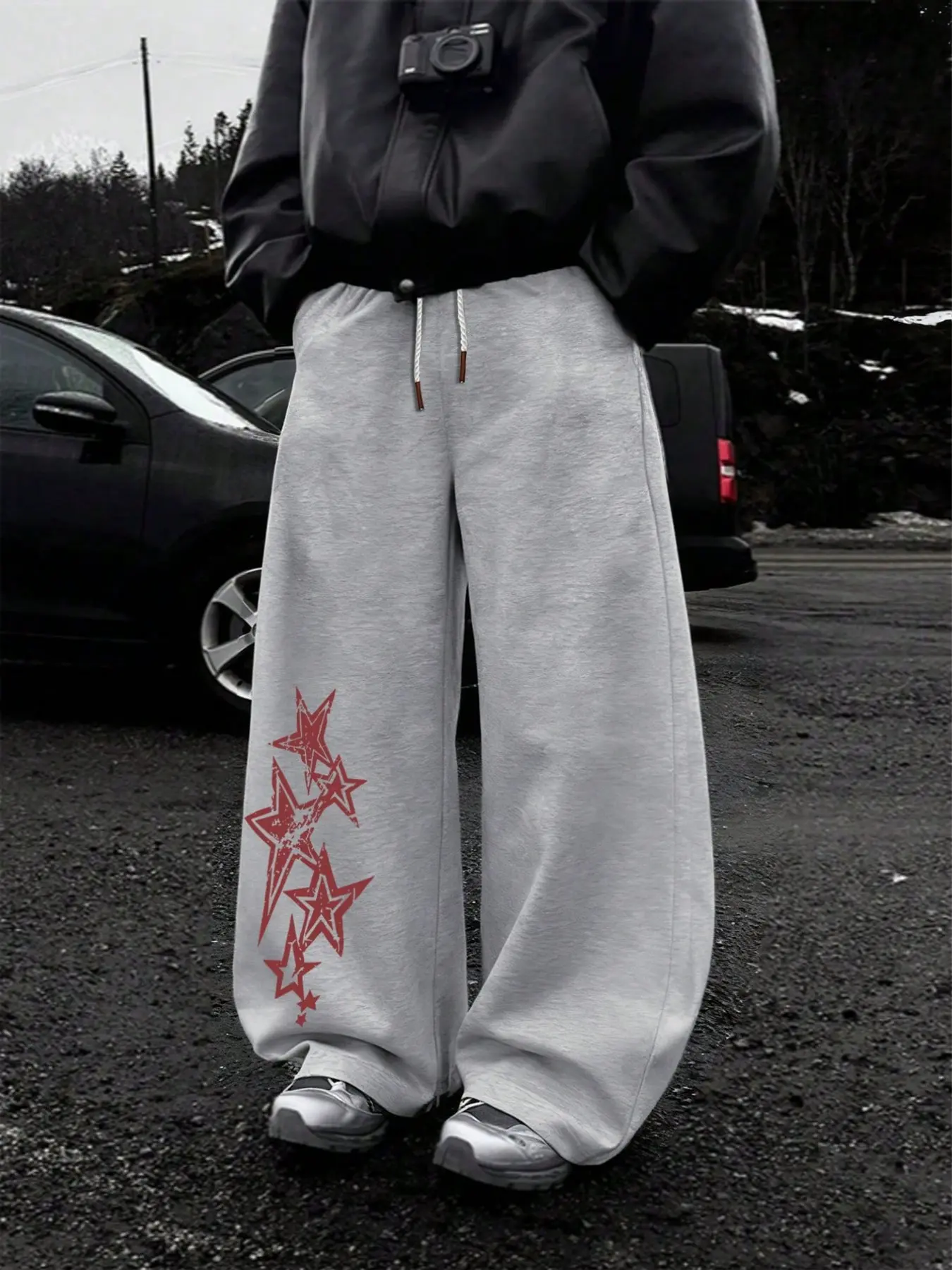 Vintage Star Print Wide Leg Oversized Sweatpants, Elastic Drawstring Loose Straight Pants, Y2K American Vintage Star Print Casual Pants