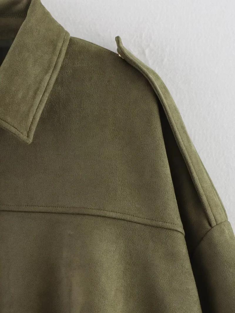 2026 Spring New Women's Suede Texture Effect Loose Fit Fashion Lapel Shoulder Bomber Jacket in Olive Brown & Burgundy