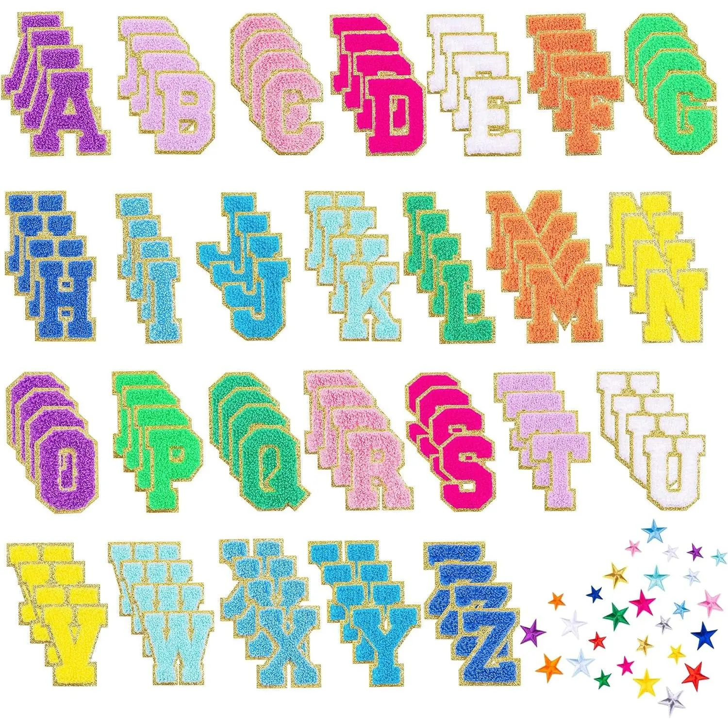 132 Pcs Varsity Letter Patches Kit - 104 Self Adhesive Chenille Letters & 28 Iron On Stars, No-Sew Fabric Patches for Clothes, Jackets, Backpacks, Hats, DIY Crafts (2.17", Multi-Color)