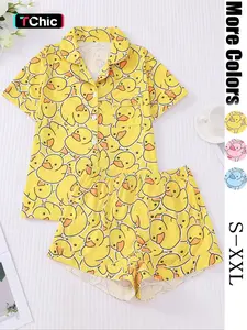 Women's Duck Print Fitted Knit Shirt & Elastic Waist Shorts Pajama Two-piece Set, Casual Comfy Soft Short Sleeve Top & Shorts Loungewear Set, Ladies Sleepwear for Summer