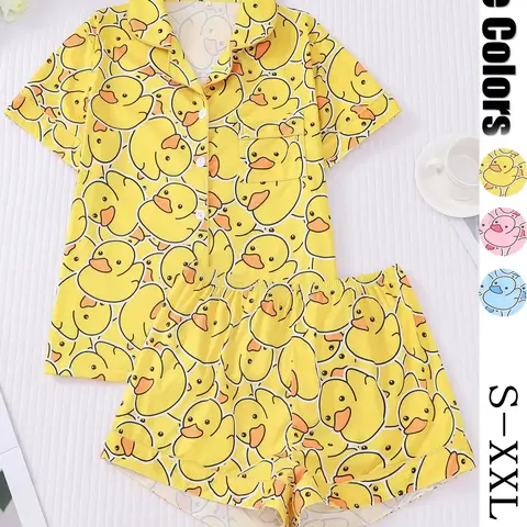 Women's Duck Print Fitted Shirt & Shorts Pajama Set, Casual Comfy Soft Elastic Short Sleeve Top & Shorts Two-Piece Set Loungewear Set, Ladies Sleepwear for Summer