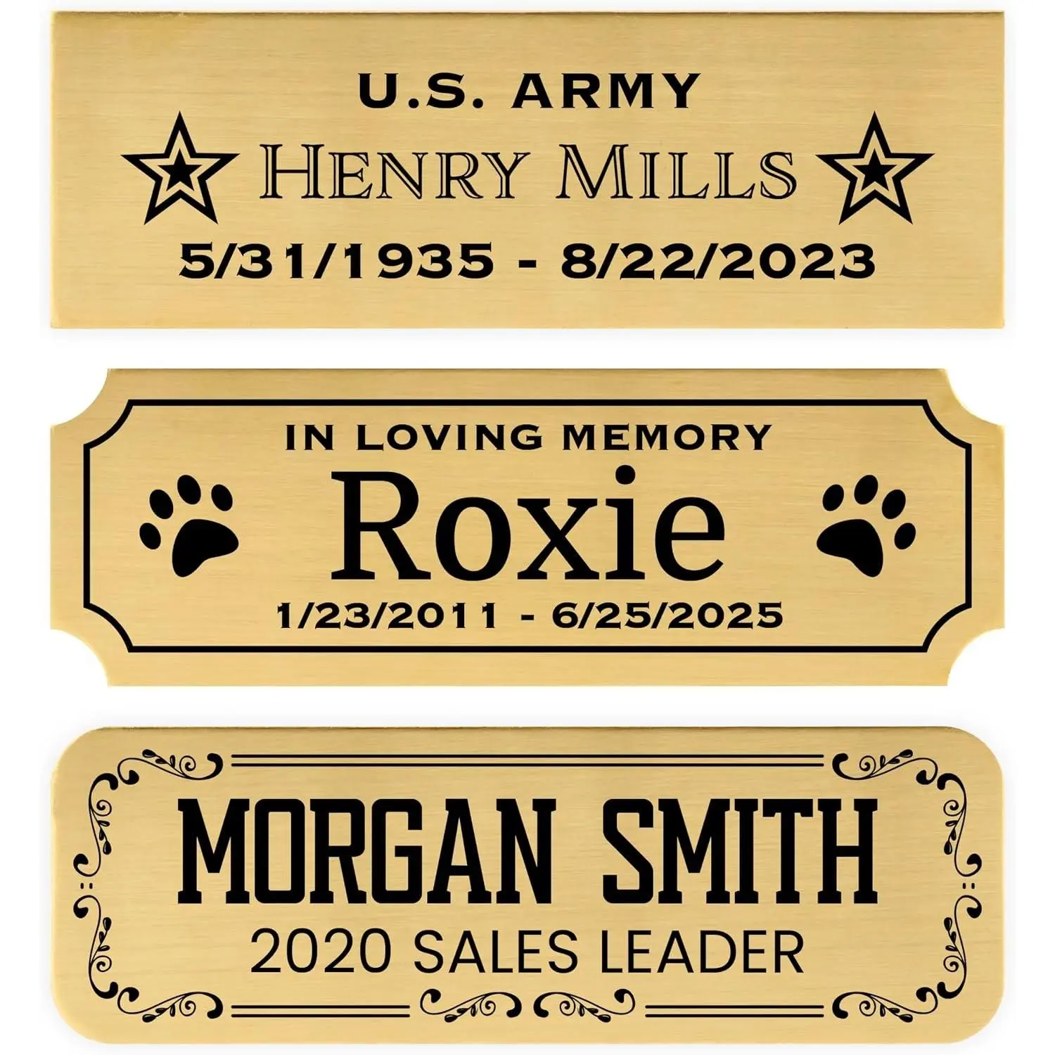 Personalized Custom Name Plates - 20 Icons, 3 Corners, 3-4 Border Styles Optional, Solid Brass Name Plaque with Adhesive Backing or Screws (Brass)