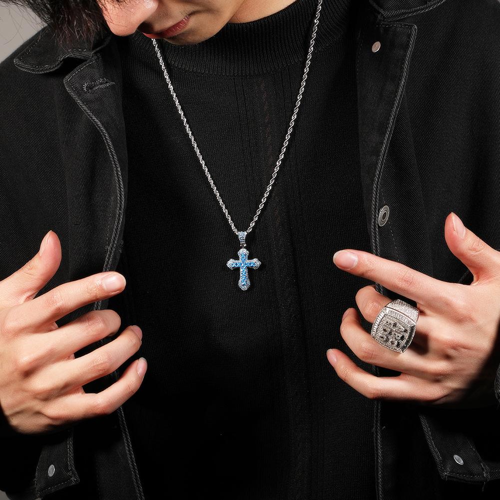 Hip-hop new blue zirconium cross necklace for men, fashionable and versatile heavy-punk sweater chain accessory