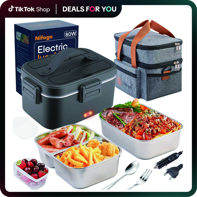 Electric Lunch Box Warmer for Office Workers, 1.8L (1800ml) High-Quality Fast-Heating Leak-Proof Stainless Steel Container with Plastic Fork, Spoon & Insulated Bag, 12V/24V/110V Portable Kitchenware for Car/Truck/Home