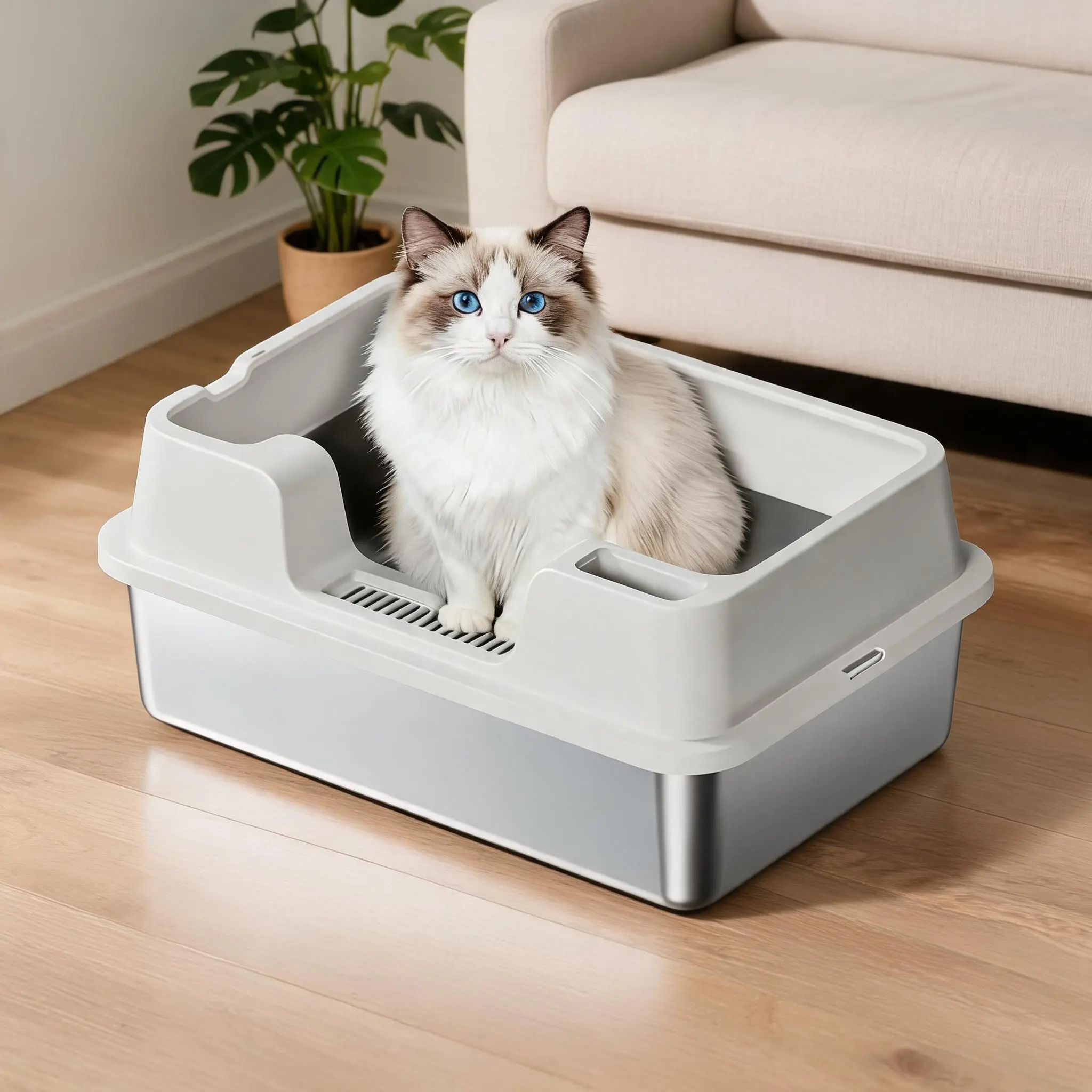 60cm Stainless Steel Litter Box with High Sides – Odor-Resistant, Non-Slip Base & Litter-Catching Grid – for Large Cats/Multi-Cat Homes