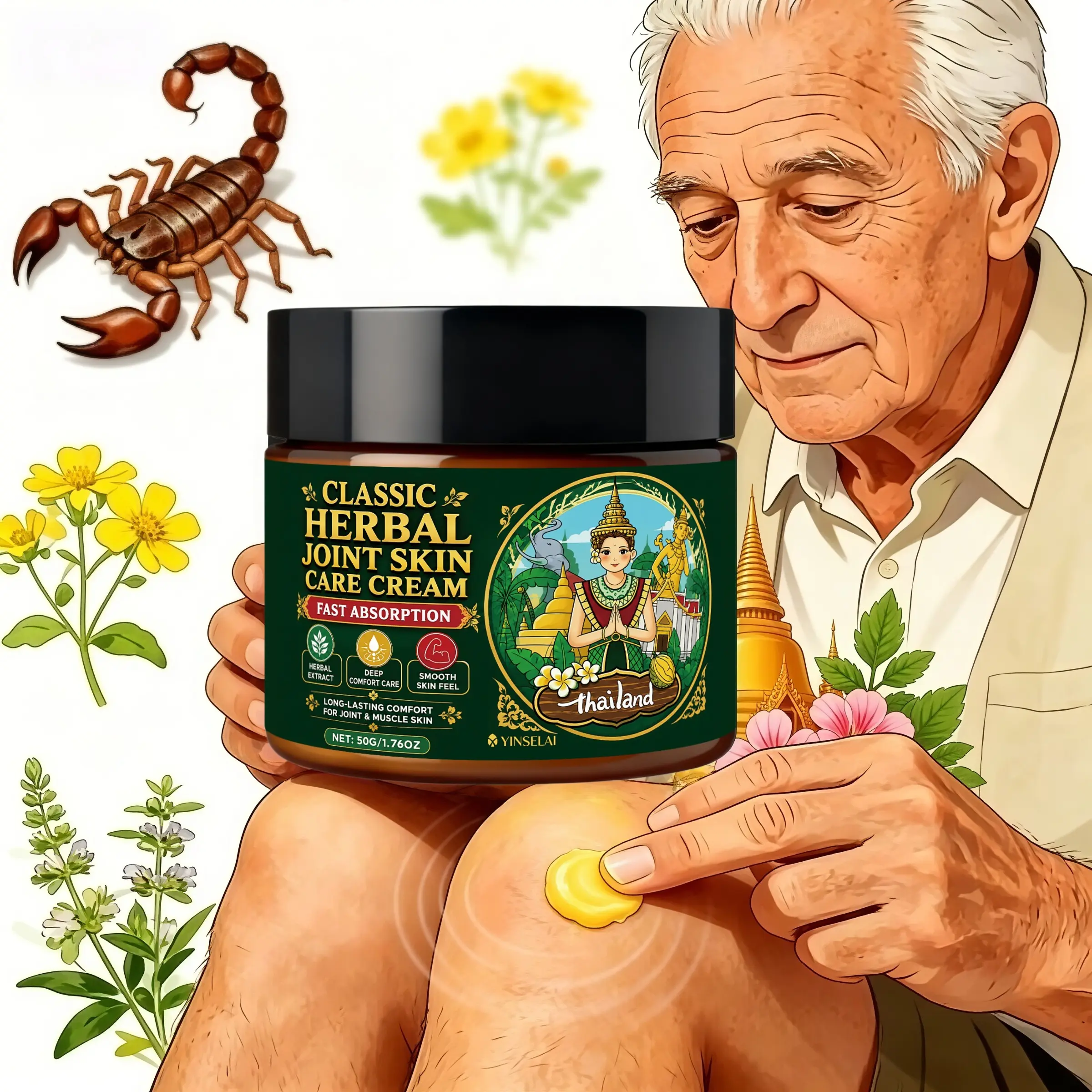 Yinselai Thai Herbal Body Massage Cream, Fast-Absorbing Skin Care for Knees, Elbows, Shoulders & Back, Smooth & Moisturizing, 50g