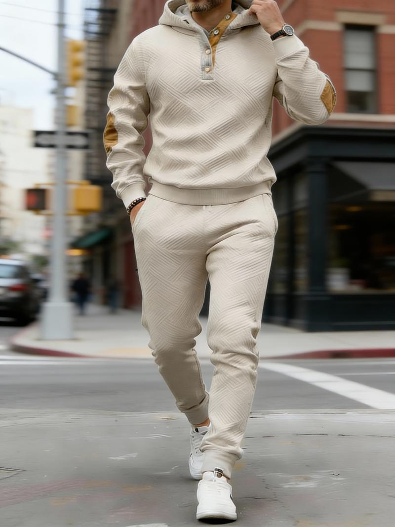Vintage Style Men's 2-Piece Loungewear Set - Textured Fabric Hoodie with Button Placket & Contrast Details Casual Beige