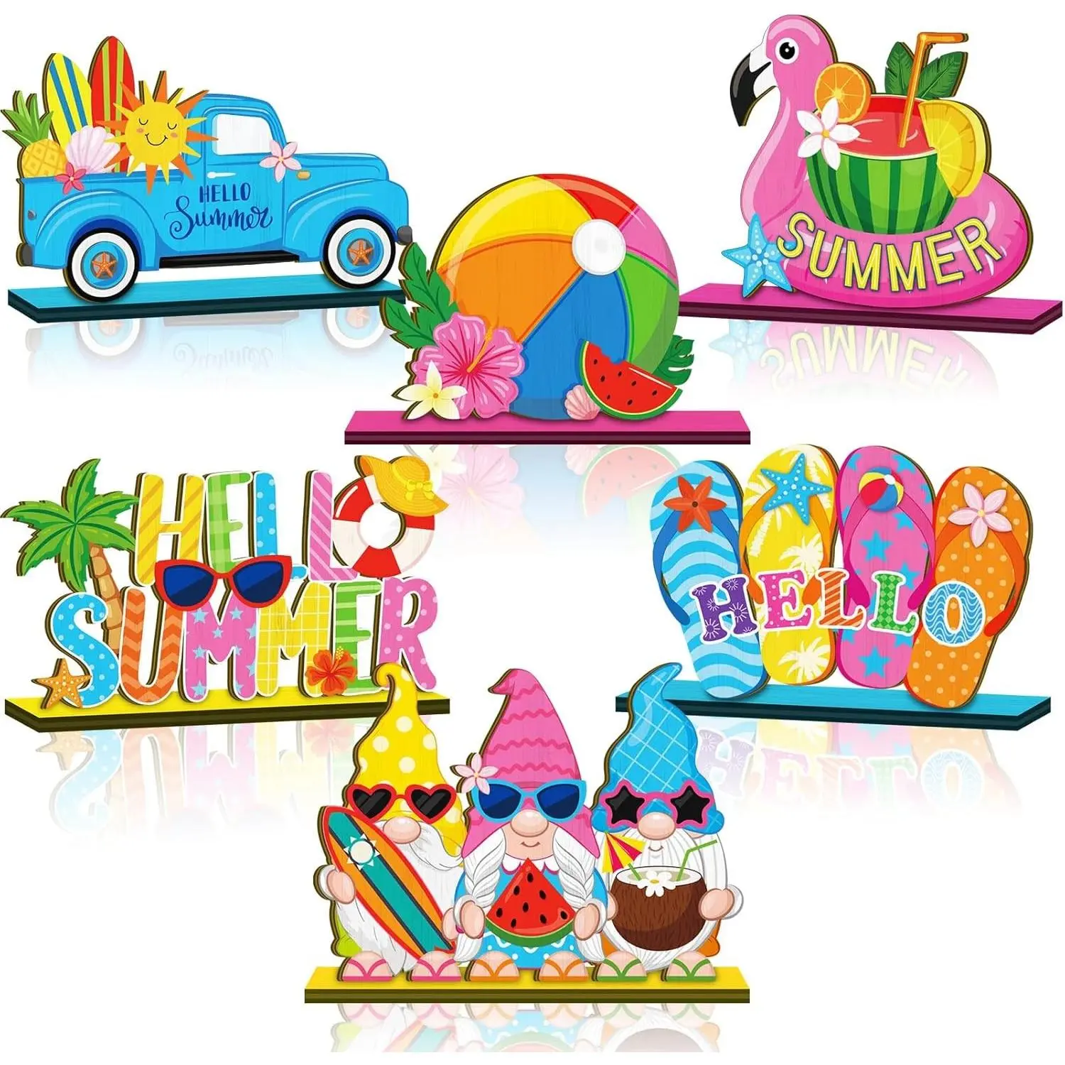 6 Pcs Summer Wooden Table Decorations for Farmhouse Decor, Gnome Truck Slippers Watermelon Flamingo Designs, Rustic Centerpieces for Home Office Shelves and Tiered TraysGift