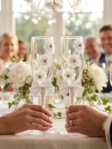 2-piece wedding champagne glass 3D three-dimensional lace flower bride and groom wish glass with satin bow elegant white floral bride goblet reusable transparent glass suitable for wedding reception, engagement, anniversary, bridal shower, couple gift