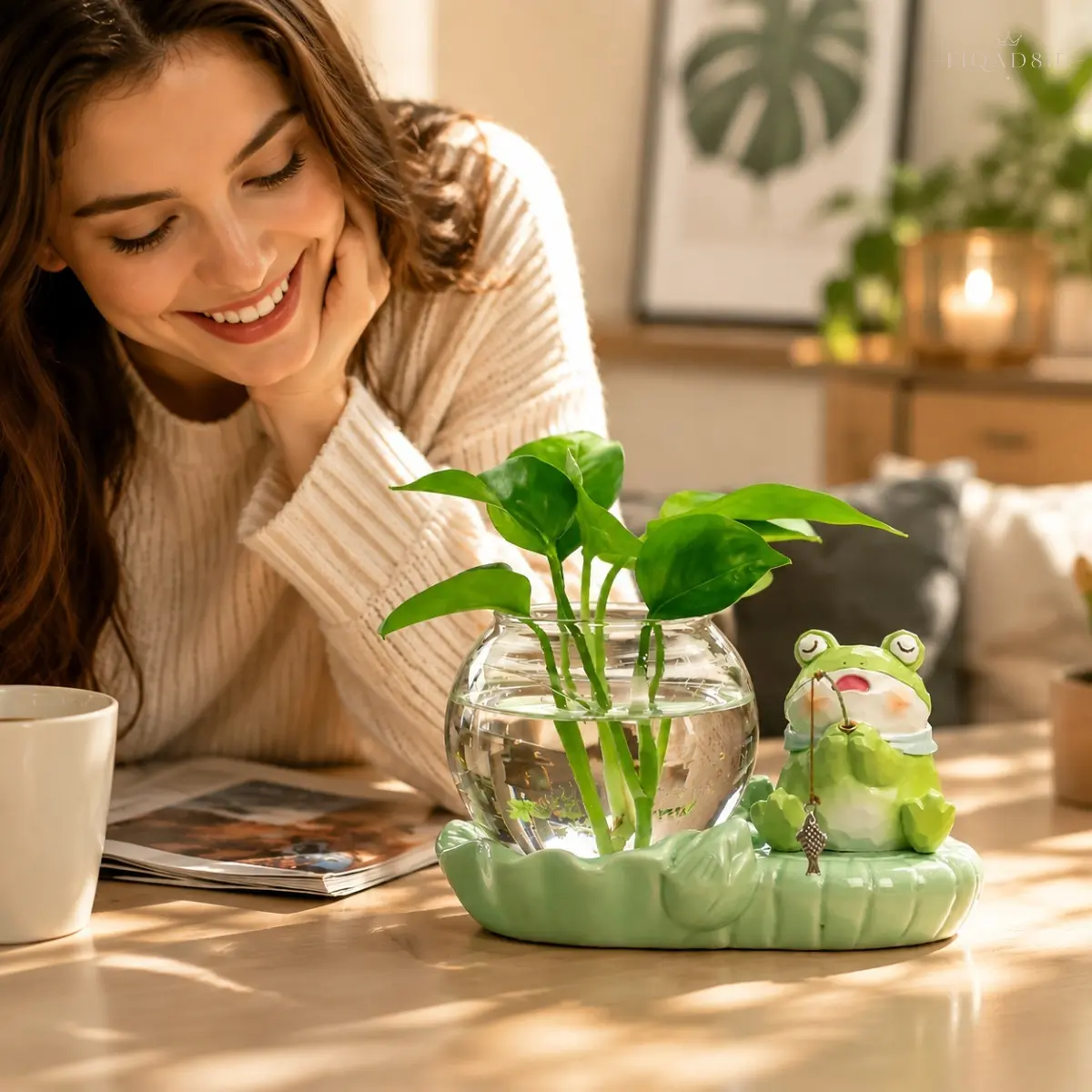Cute Animal Figurine Hydroponic Vase, Trending Desktop Clear Glass Plant Holder, Lotus‑shaped Ceramic Base Planter Ornament, Sturdy Small Water‑growing Container For Office Desk, Bedroom Shelf And Living‑table Home Decoration