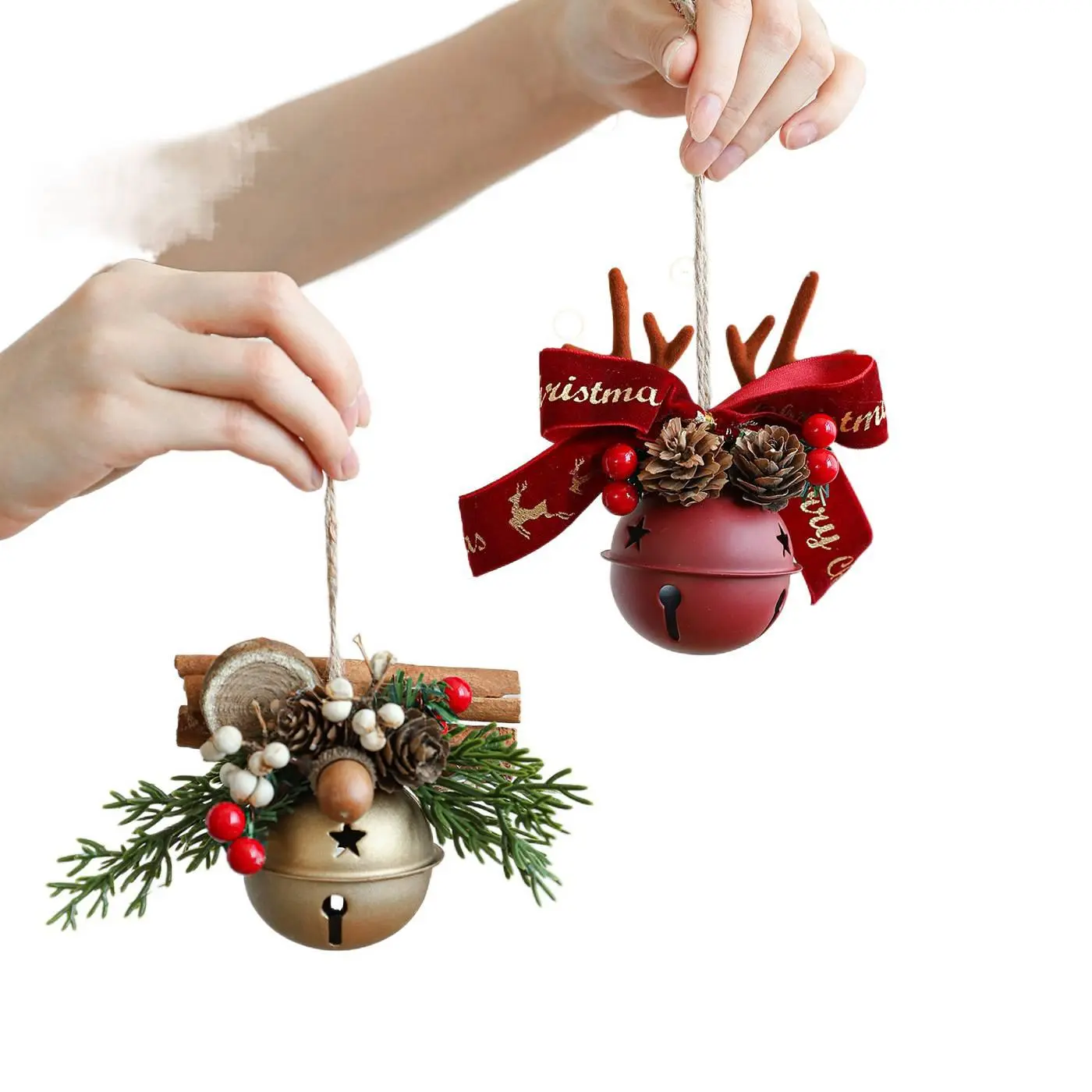Rustic Christmas Jingle Bell Hanging Pendant, Reindeer Antler Pine Cone Bow Bell Ornament, Xmas Car Rearview Mirror Hanging Decor, Gift Tag Tree Wreath Holiday Decorations