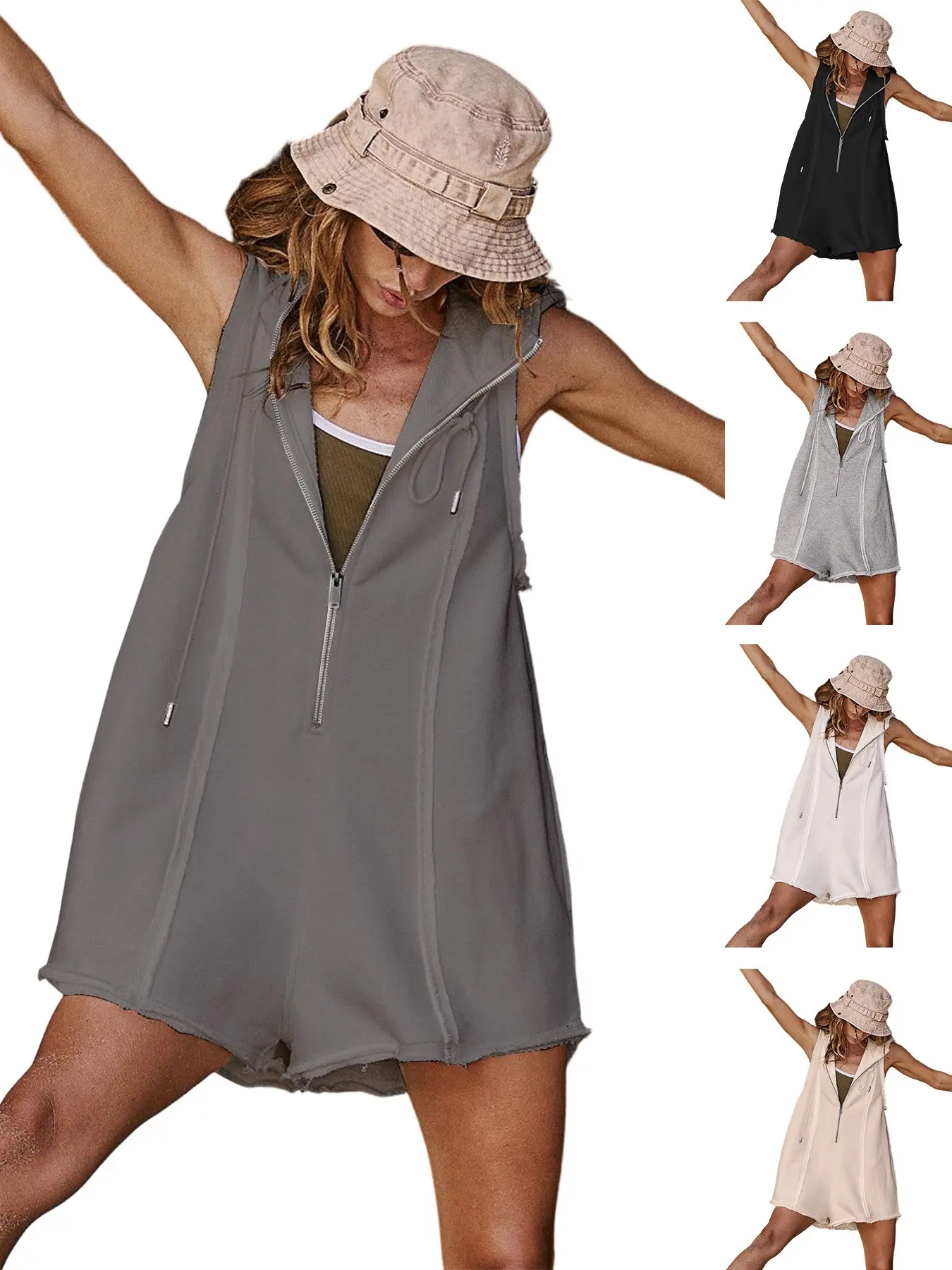 Women's Sleeveless Half Zip Hooded Romper, Loose Fit Raw Hem, Summer Casual Chic One Piece Shorts, Plain Surface, Basic, All Seasons