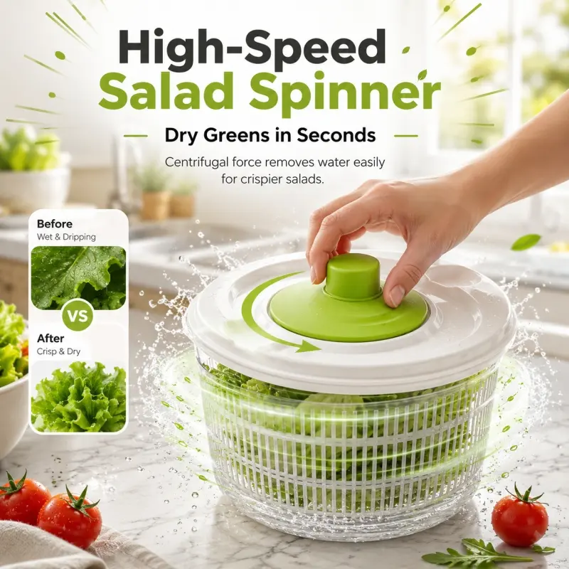 3L Large Capacity Kitchen Salad Spinner. Easy one-hand operation, removes water efficiently with centrifugal force for crisp salads.