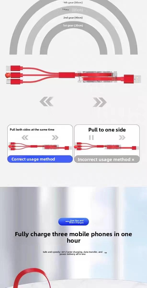 3 in 1 Retractable USB Cable, 1 Count Multipurpose 1M Data Cable, Charging Cable for Android Phone Type C Portable / Micro USB, Phone Accessories