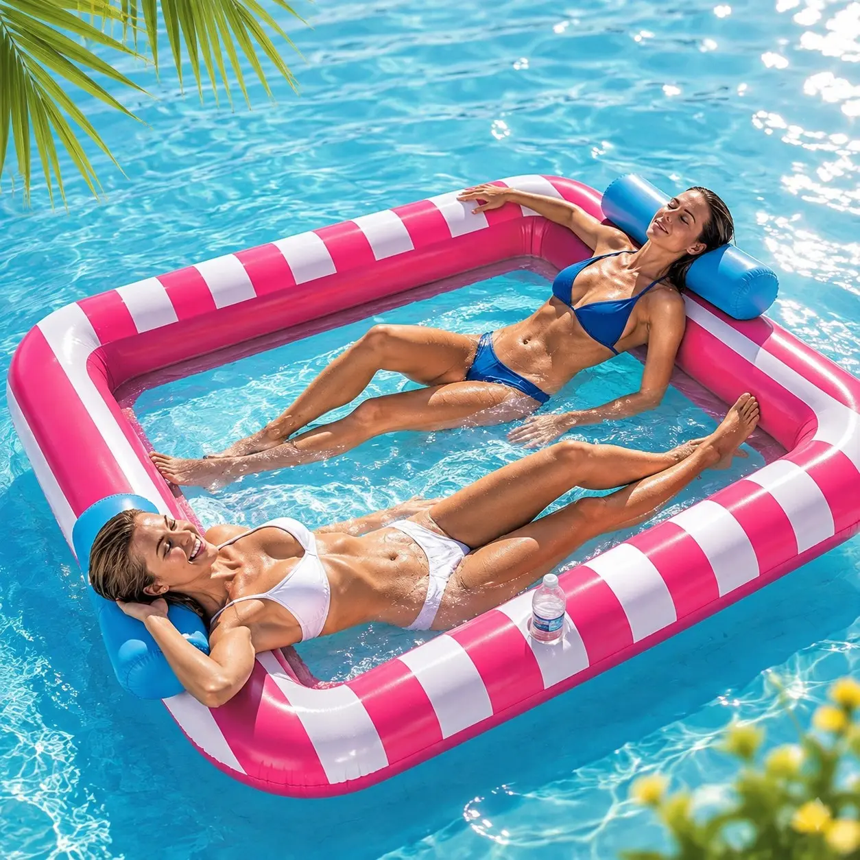 Double inflatable swimming pool float, double floating sofa, pool party sunbathing water reclining equipment, double enlarged inflatable swimming pool float, floating lounge chair with cup pillows.