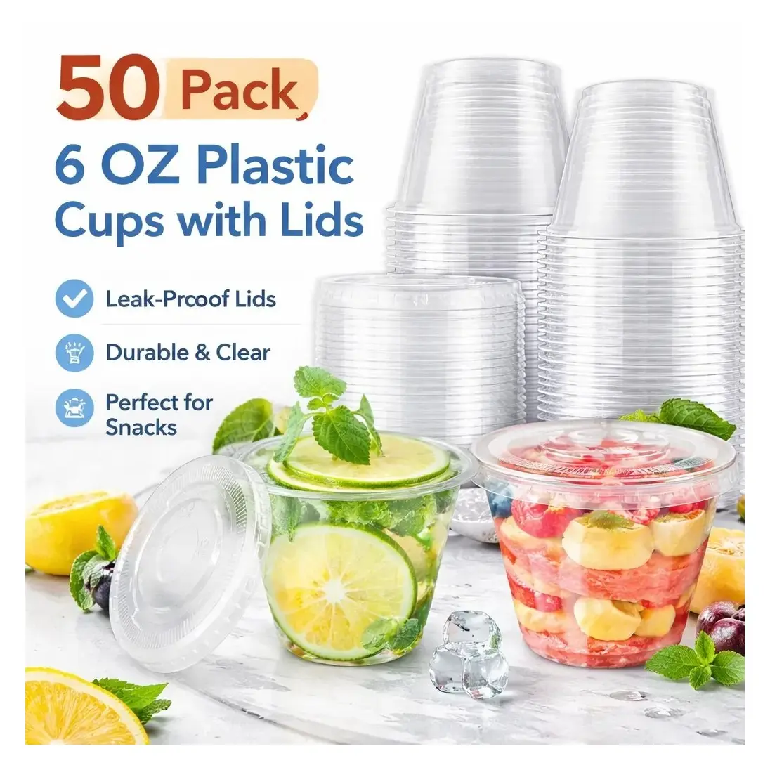 50pcs 6 oz Transparent Cylindrical Plastic Party Cups with Flat No-Hole Lids - Leakproof Stackable Disposable Containers for Ice Cream, Yogurt - Ideal for CafesGift.