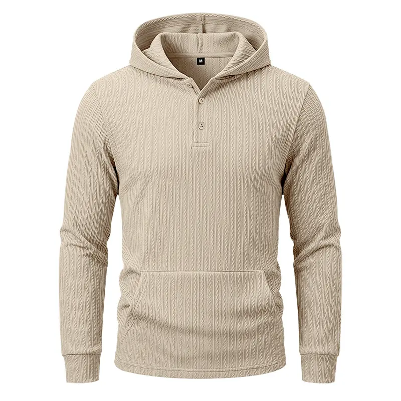 Men’s Textured Ribbed Henley Hoodie, Solid Color Long Sleeve Pullover Sweatshirt with Button Placket, Relaxed Fit Casual Versatile Streetwear Top for Fall Winter Daily Wear, Travel, Outdoor Activities and Weekend Fashion
