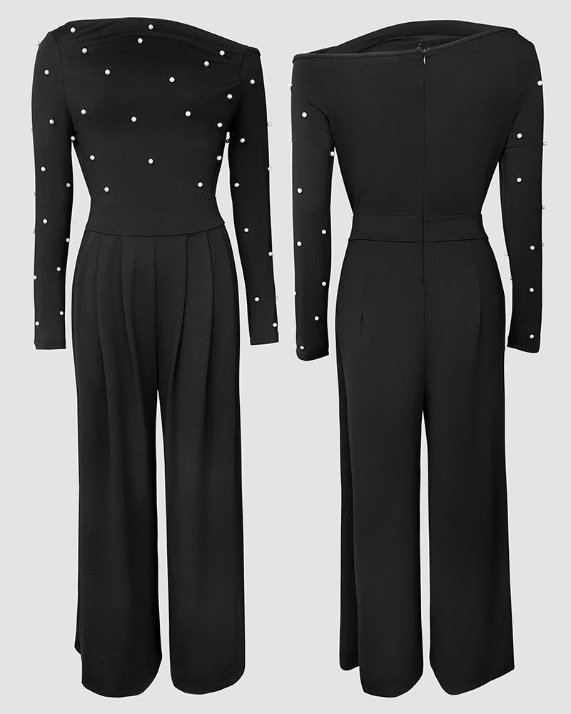ChicMe Pearls Decor Skew Neck Long Sleeve Cinched Waist Overalls Casual Ruched Zipper Back Wide Leg Jumpsuit for Wedding Guest