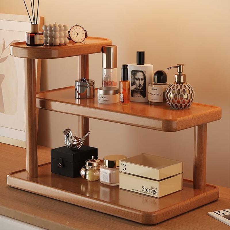 Solid Wood Multi Tier Desktop Display Shelf Modern Light Brown Freestanding Storage Rack No Assembly Needed Space Saving for Bathroom Kitchen Bedroom Vanity Retail Display Stand