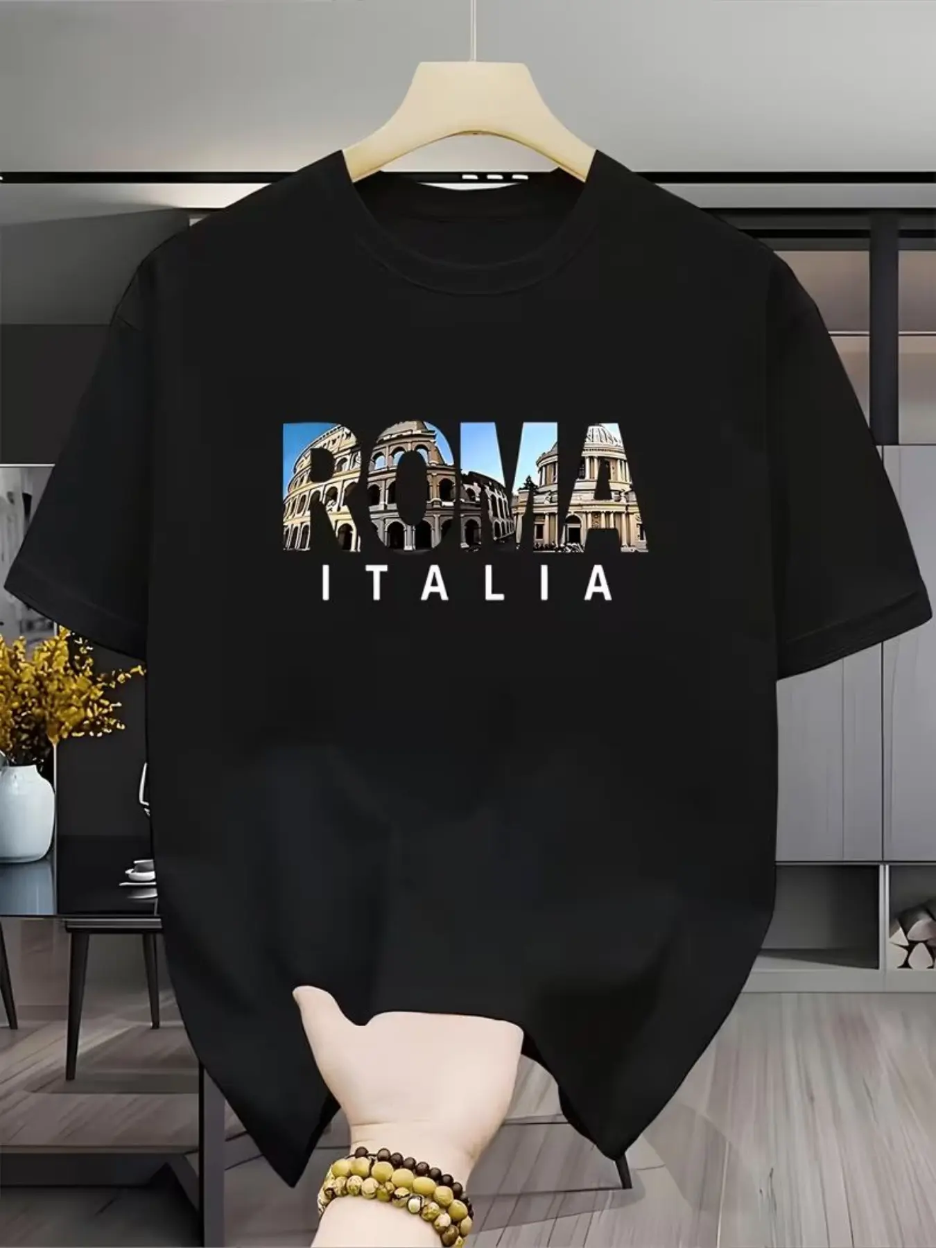 Roma Italia Colosseum Letter Landscape Print T-Shirt for Men, Urban Travel Theme, Loose Short Sleeve, Casual Fitted Crop Top