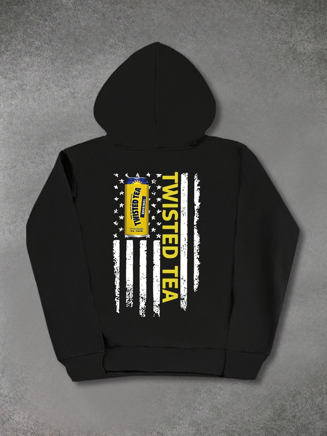 Unisex Men's Letter & Flag & Can Print, Street Casual Regular Fit Kangaroo Pocket Long Sleeve Hooded Sweatshirt, Men's Top for Fall & Winter, Hoodie Print Hoodies